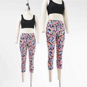Vintage 80s Neon Floral Capri Leggings Cotton Pants Workout Athleisure XS